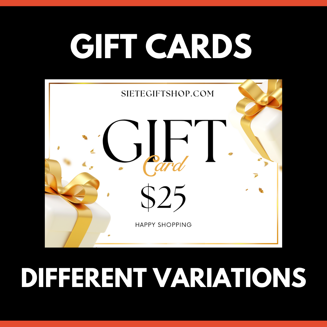Image of Gift Card with words in bold "GIFT CARDS, DIFFERENT VARIATIONS"