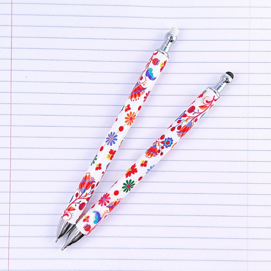 Pen and Mechanical Pencil Set with Colorful Floral design, the pen having a quick drying gel ink 2 in 1 stylus. Pencil is 0.7MM lead.
