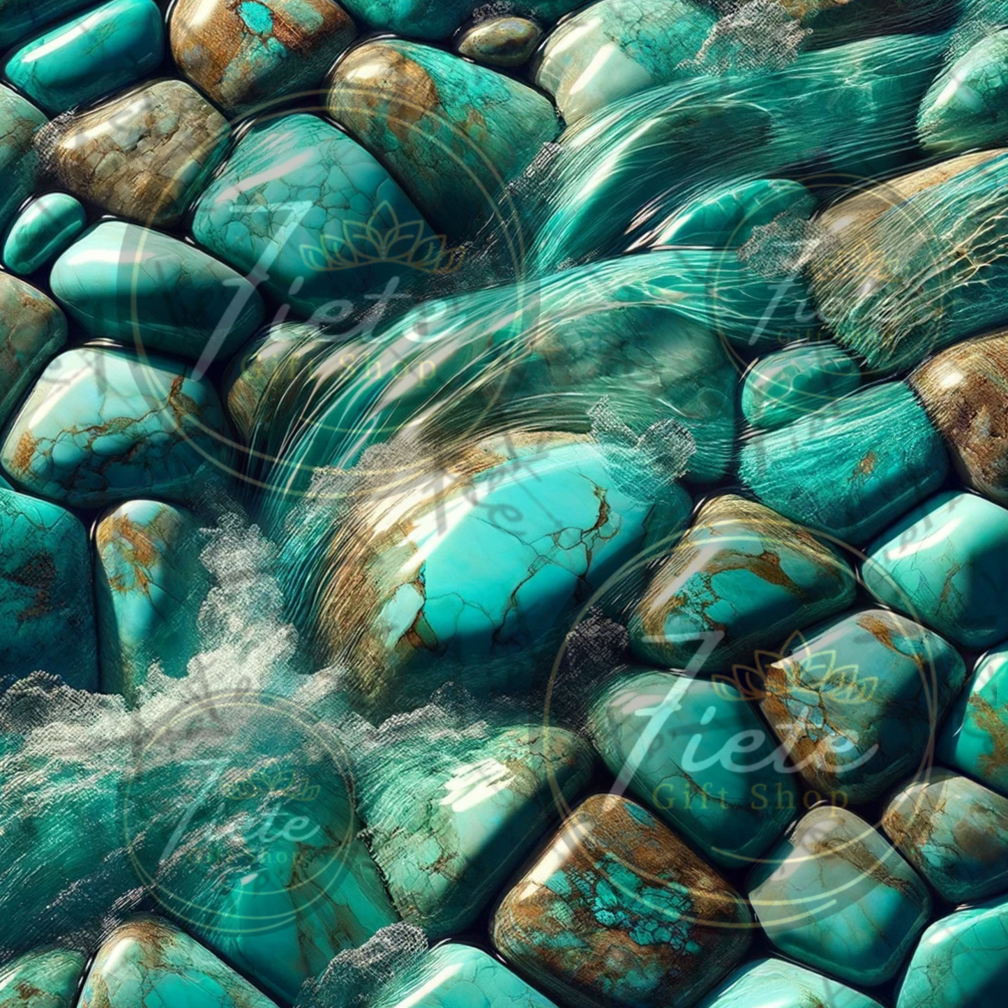 A square filled with an intricate pattern that resembles antique turquoise stones. Water flowing over top of the stones.