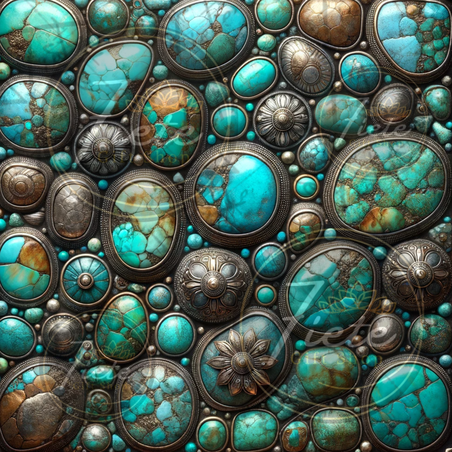 elements of silver added to the antique turquoise stone pattern.