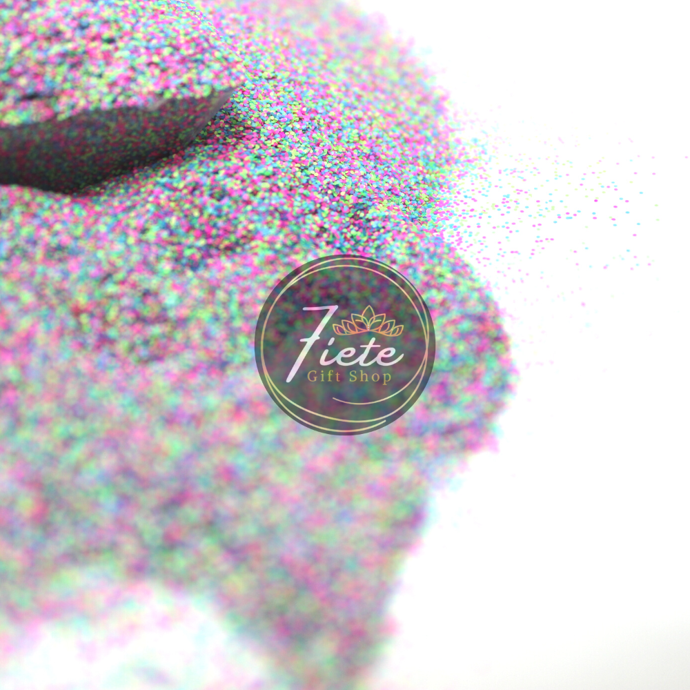 Close-up of a glittery, iridescent product labeled 'That's So 80's' with a colorful, sparkling surface that reflects a spectrum of hues