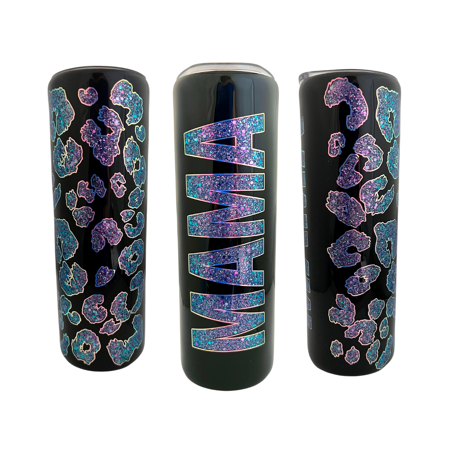 30oz Mama Tumbler with Cheetah Peek-A-Boo Purples and Blue Glitter, Stainless Steel Tumbler  - by Cristina